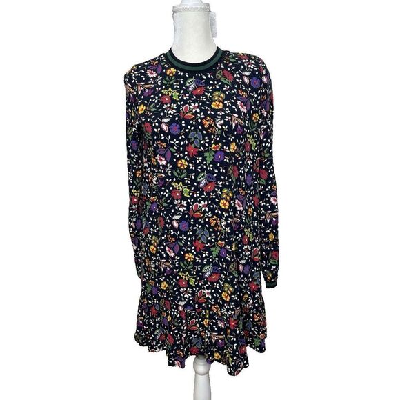 Zara Peplum Dress Size M Black Floral Varsity cuffs Long Sleeve Ruffle Hem - Picture 1 of 14